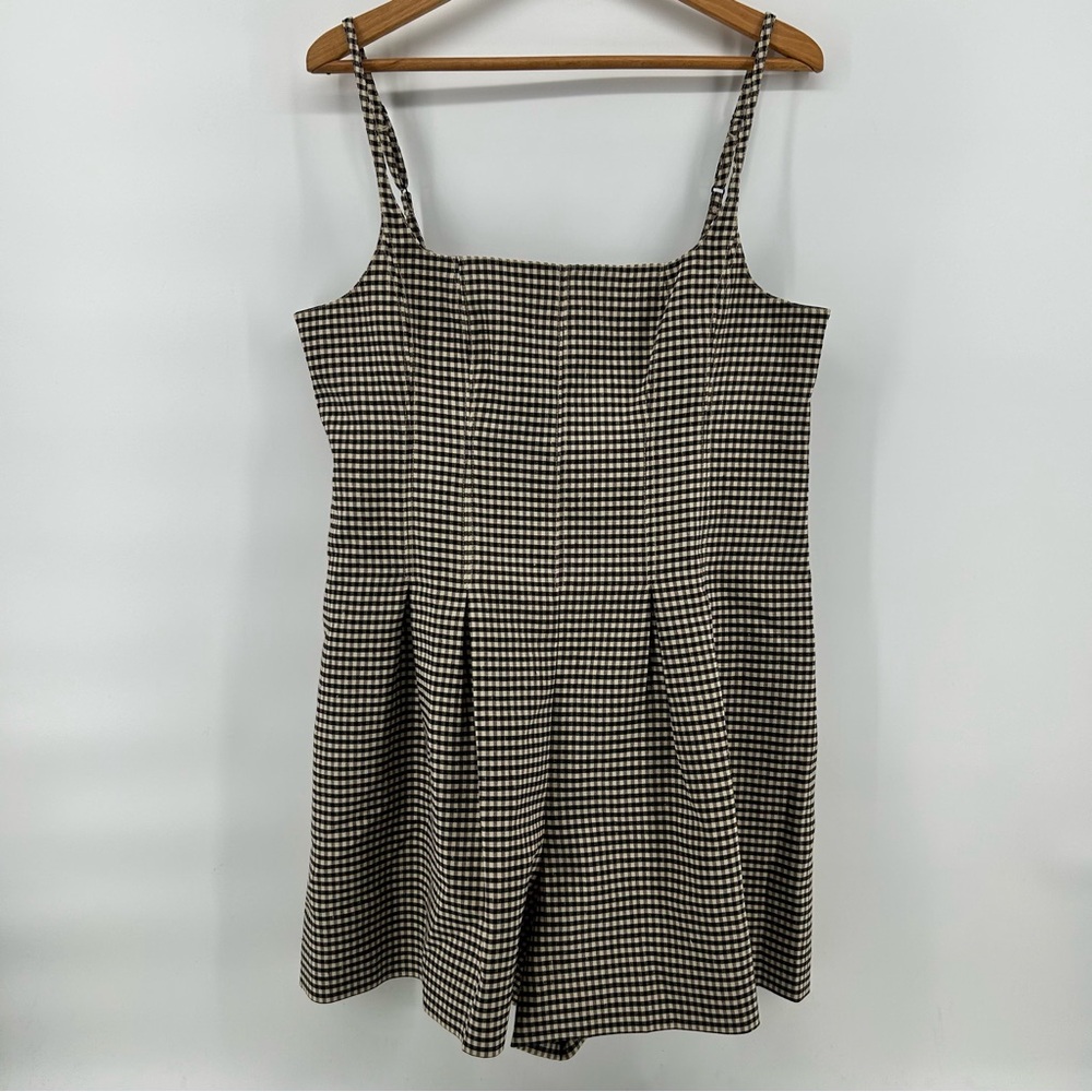 Rebecca Taylor Spring Pleated Check Romper Womens 16 Expresso Linen Blend NWT!